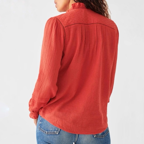 Faherty Blouse Willa Top - Carmine Warm Orange Pleated Peasant Sz S EUC - Picture 3 of 10